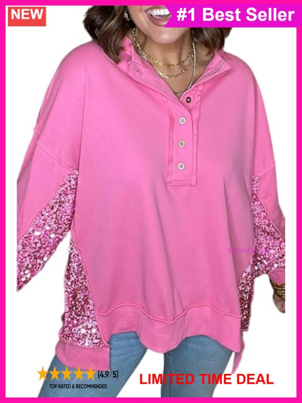 Sequin Patchwork High Low Hem Henley Oversize Sweatshirt